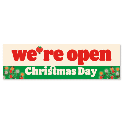 green and red with festive design banner stating "we are open christmas day" with a white background