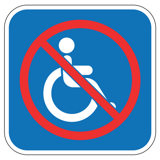 Blue and White handicap logo with red circle and diagonal line to indicate not handicap accessible