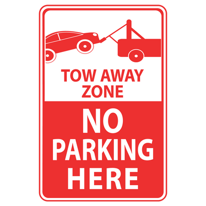 A red and white 'NO PARKING HERE' sign with an illustration of a car being towed on the back.