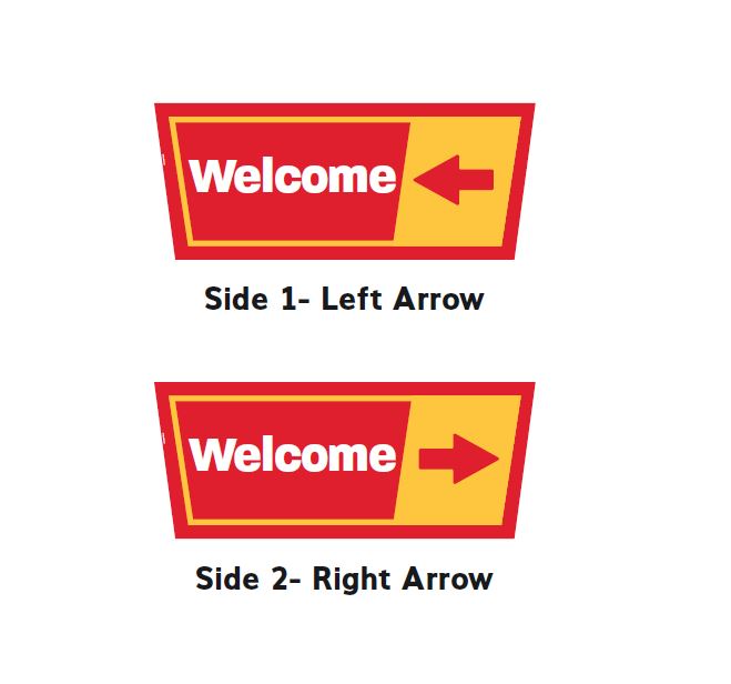 Welcome with arrow Ingress backlit sign with red background and white text.