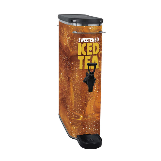 A canister wrap designed to look like tea with white text 'SWEETENED' above bold yellow text 'ICED TEA' with white background designed for a BUNN Model TDO-N-3.5.