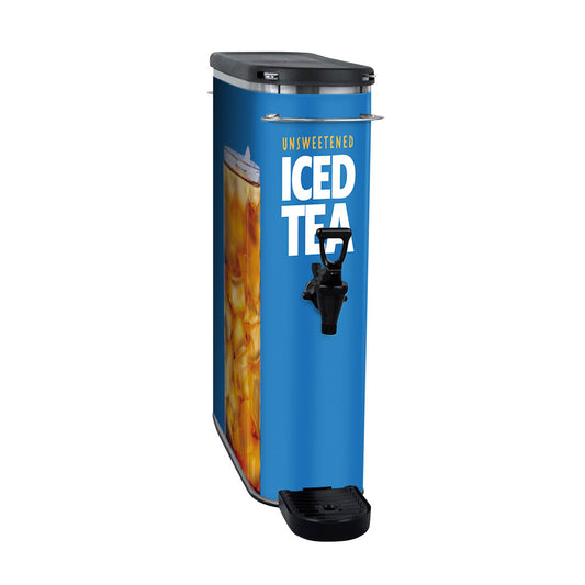 A blue canister wrap labeled 'UNSWEETENED ICED TEA' with a picture of a glass of tea and a tap at the front designed for BUNN TDO Model 3.5
