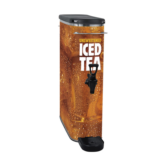 A canister wrap that has the design of tea with yellow letters "UNSWEETENED" above bold white letters "ICED TEA" designed for BUNN Model TDO-N-3.5 iced tea dispensers.