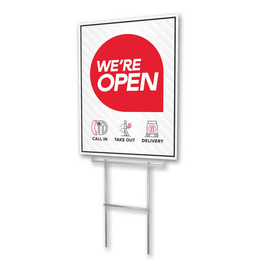 We are open sign with white background and white and black text. Call in take out delivery