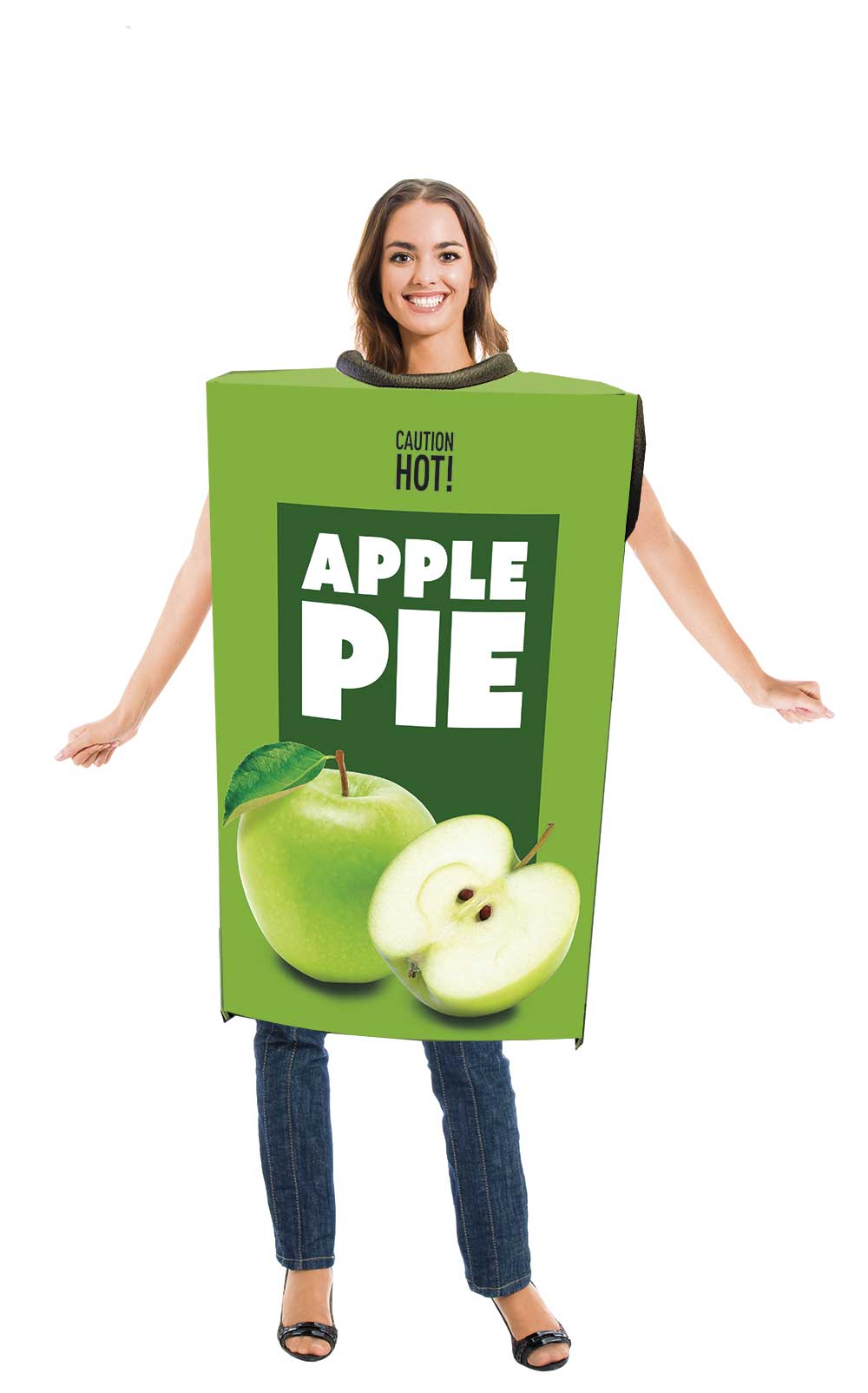Woman standing in green apple pie costume with green apple photo.