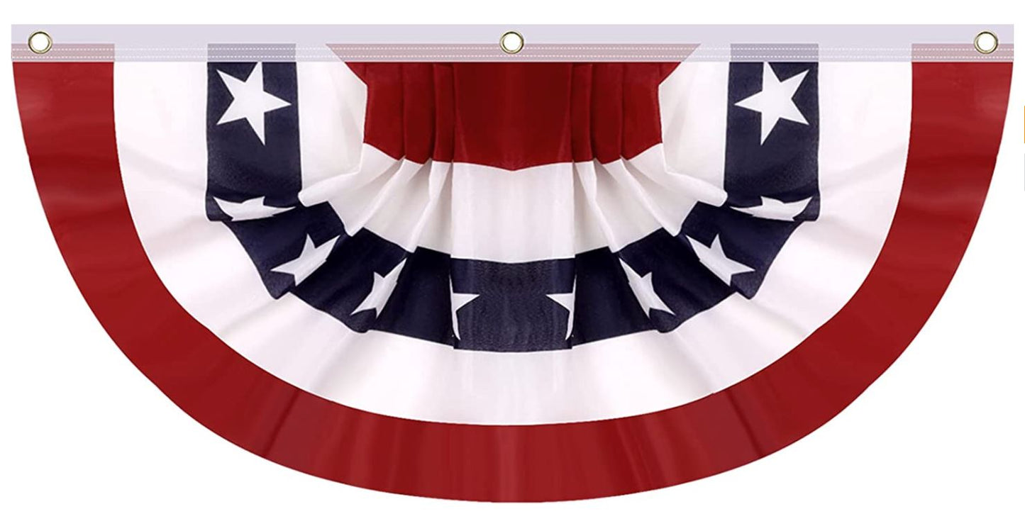 A red, white, and blue bunting with a pattern of stars on a white background and stripes on a blue background.