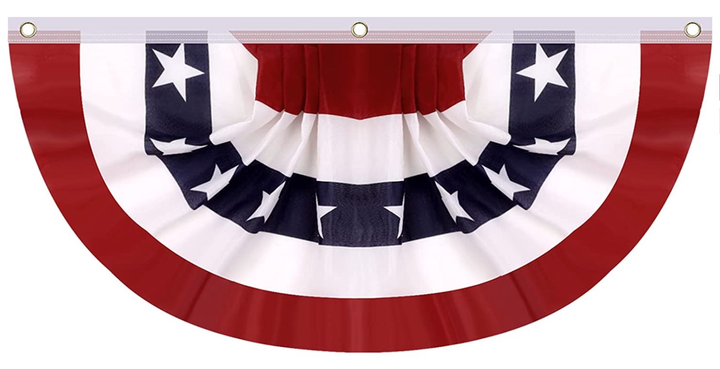 A red, white, and blue bunting with a pattern of stars on a white background and stripes on a blue background.