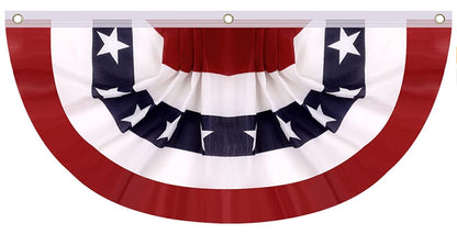 A red, white, and blue bunting with a pattern of stars on a white background and stripes on a blue background.