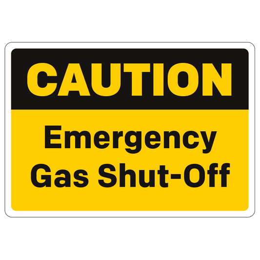 Black and yellow caution emergency gas shut off sign