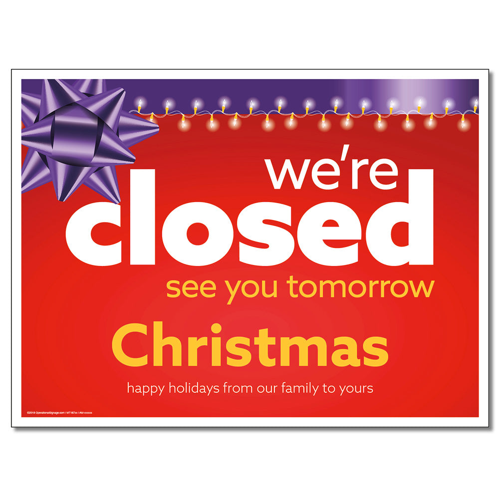 red closed christmas festive lawn sign design with purple ribbon and white background