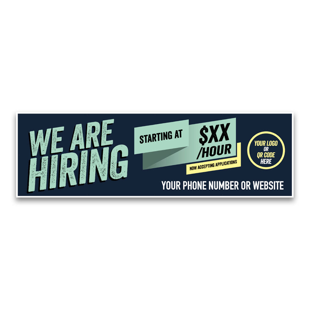 A customizable hiring banner with the text 'WE ARE HIRING' along with a place holder for a phone number or website, displayed in blue and green colors.