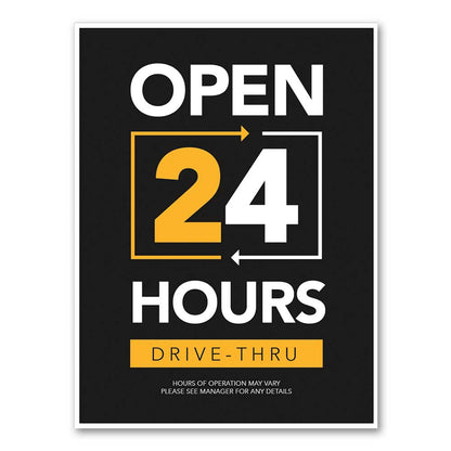Drive thru open 24 hours black yellow and white poster