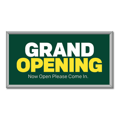 Green mini billboard with white and yellow text 'GRAND OPENING' and additional white text 'Now Open Please Come In.'