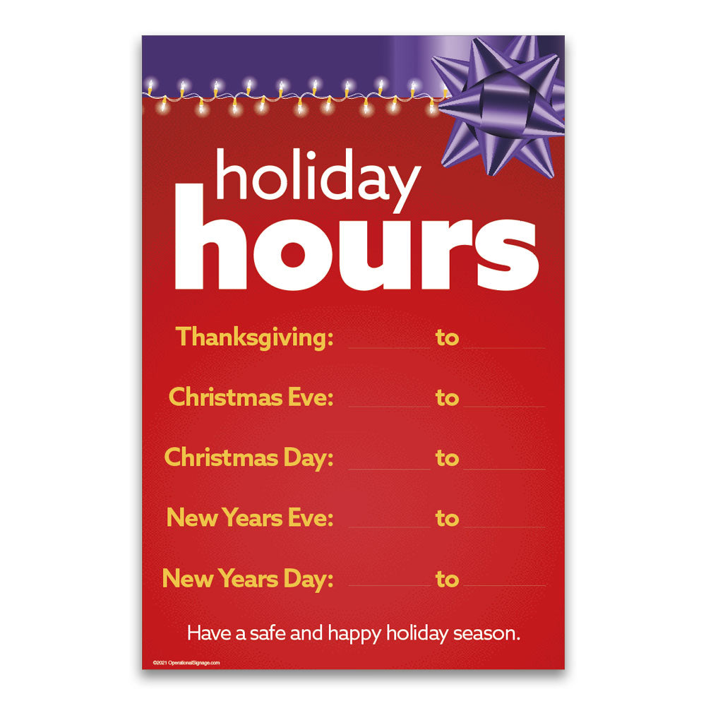 festive red purple and yellow holiday hours decal design with white background