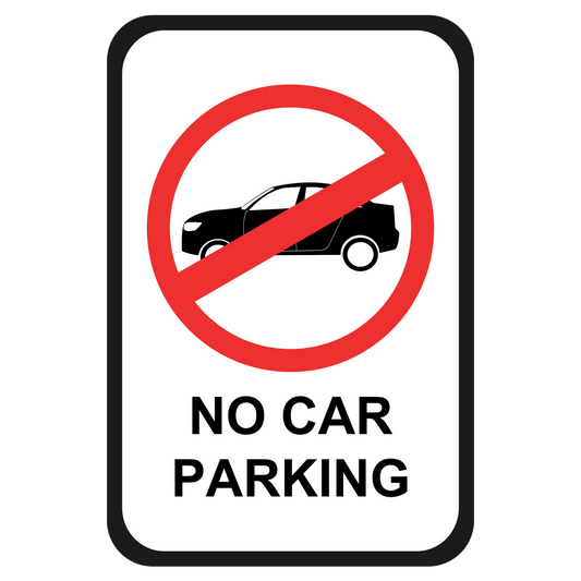 A rectangular parking sign with a white background, featuring red and black text and a graphic of a car in a prohibited parking symbol.