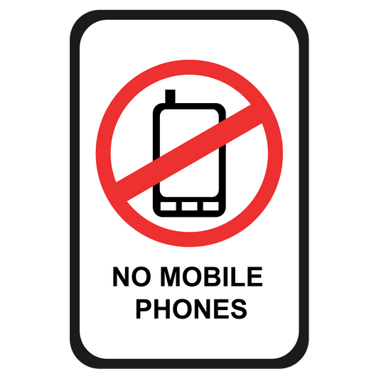 white sign with black outline with red prohibited symbol over a black phone graphic with black letters that read no mobile phones