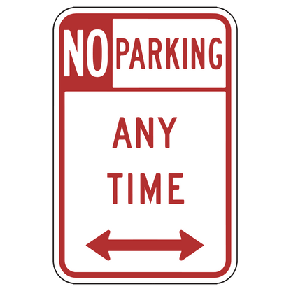 A rectangular parking sign with a red and white color scheme, indicating 'No Parking Anytime' with directional arrows pointing to the left and right.