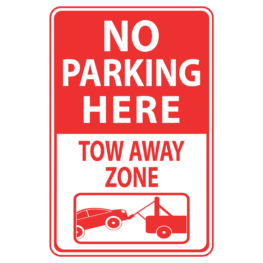 A red and white 'NO PARKING HERE' sign with an illustration of a car being towed on the back.