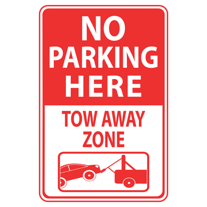 A red and white 'NO PARKING HERE' sign with an illustration of a car being towed on the back.