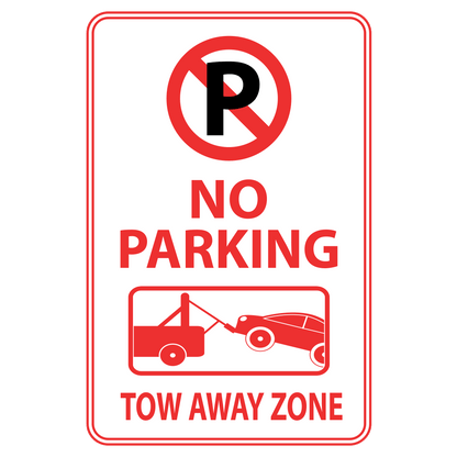 Red and white no parking tow away zone sign with image of car getting towed