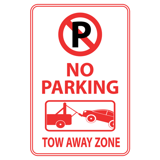 Red and white no parking tow away zone sign with image of car getting towed