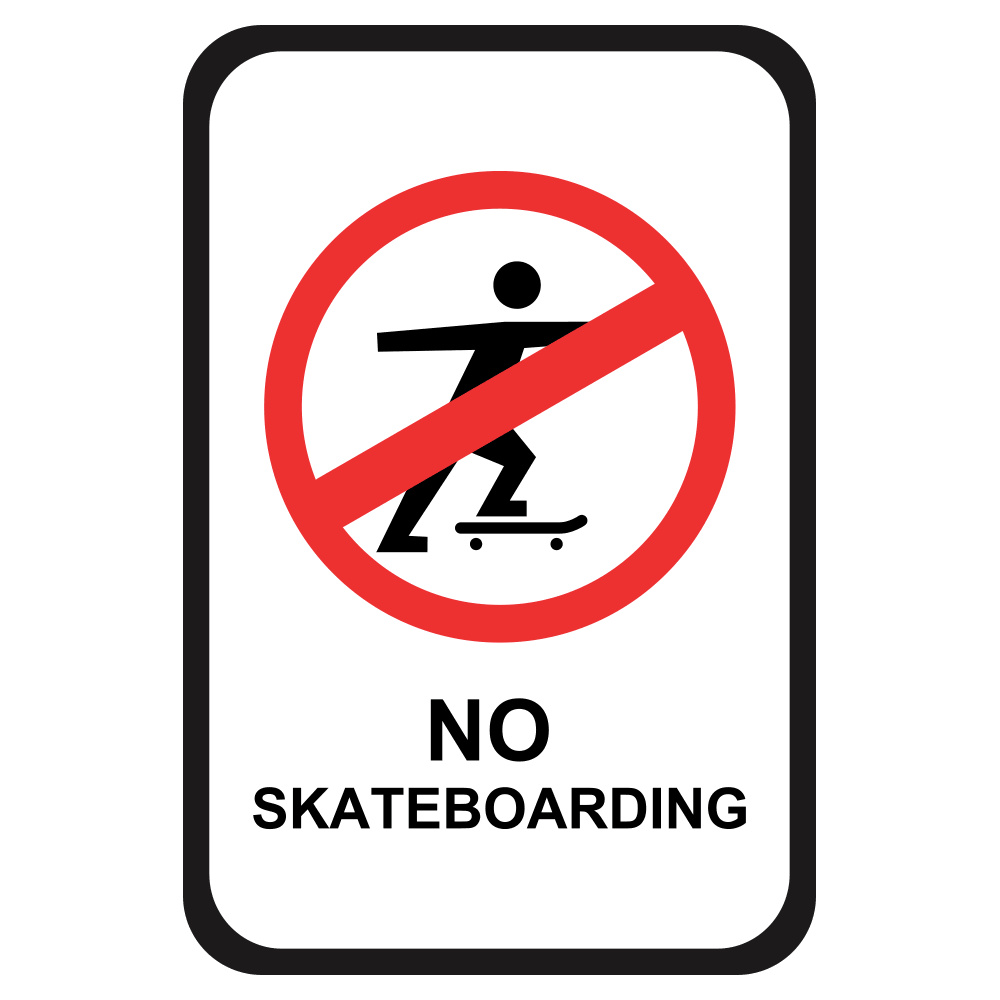 A rectangular 'No Skateboarding' sign with a pictogram of a skateboarder and text prohibition.