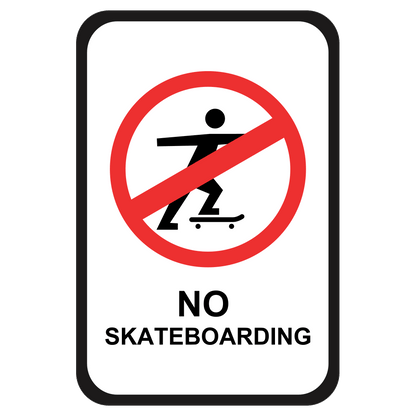 A rectangular 'No Skateboarding' sign with a pictogram of a skateboarder and text prohibition.