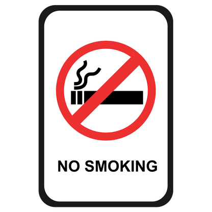 A rectangular sign with a red and blue border, featuring a no smoking symbol in the center and the text 'NO SMOKING' below it.