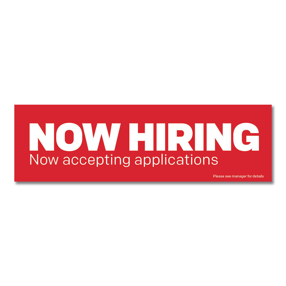 now hiring red and white banner white background