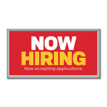 now hiring red white and yellow mini billboard 8 x 4 white background