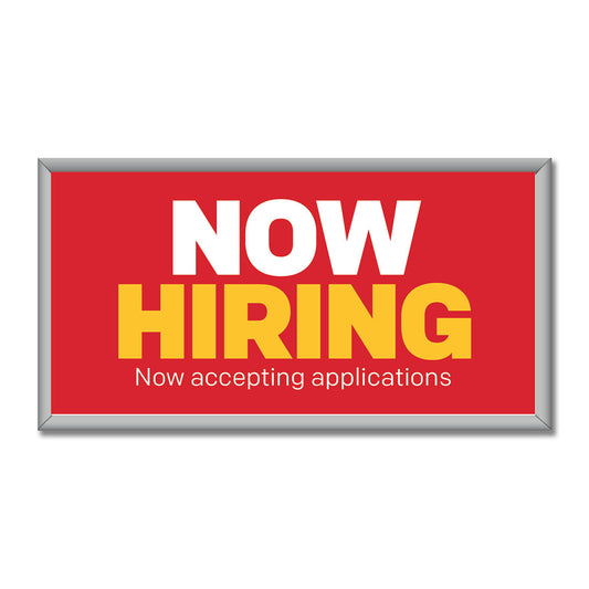 now hiring red white and yellow mini billboard 8 x 4 white background