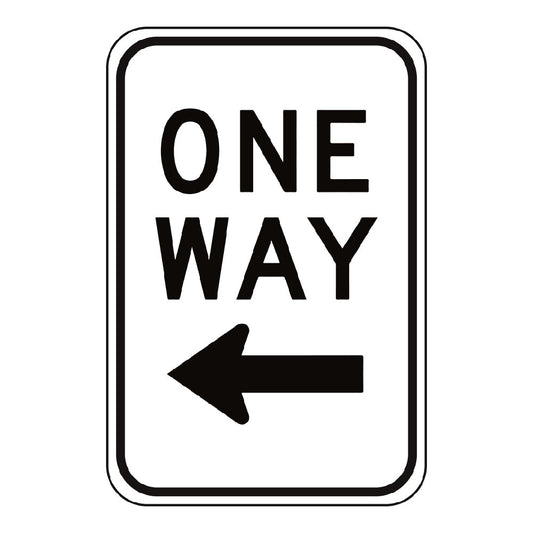 White rectangular sign with black letters 'ONE WAY' with black arrow pointing left with white background