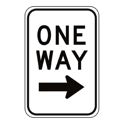 A white rectangular parking sign with a black right arrow symbol and the words 'One Way' printed in bold black letters.