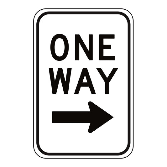 A white rectangular parking sign with a black right arrow symbol and the words 'One Way' printed in bold black letters.