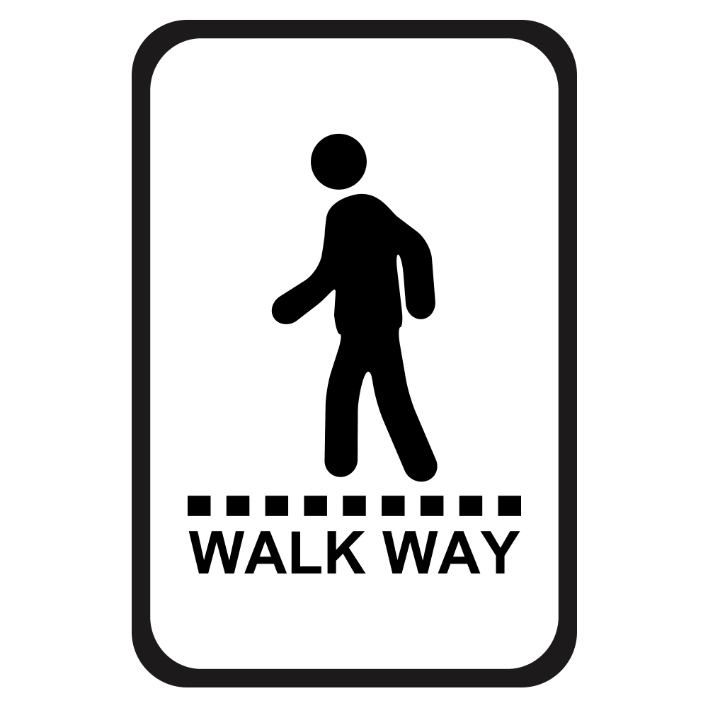 white sign with black letters that say walkway and figure of a person 