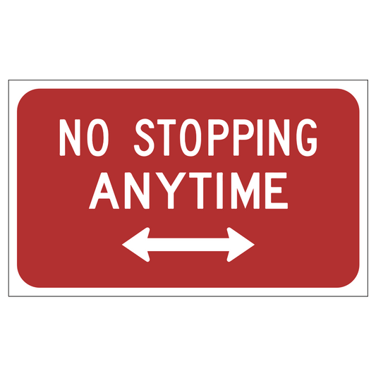 red rectangular sign featuring white letters that say no stopping anytime above white arrows pointing both directions