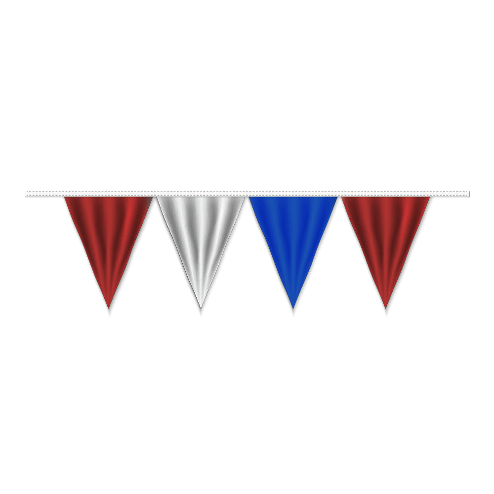 A string of red, white, and blue pennants with a triangular flag design at each end.